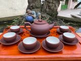  Ấm Chén Bát Tràng gốm Tử Sa dáng Trống Đai Đất chỉ đỏ lòng trắng 300ml | Quà Tặng Doanh Nghiệp bộ ấm chén uống trà 
