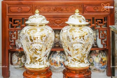  Choé Bát Tràng cao cấp Phúc Đức men trắng vẽ tay bo bằng vàng 24K dung tích 40 lít 