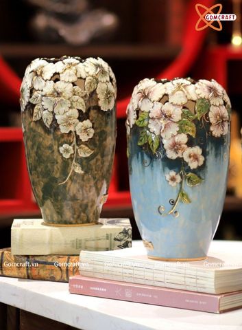  Bình Hoa Bát Tràng men sứ nâu vân đá hoạ tiết hoa anh thảo đắp nổi vẽ vàng 24k cao 20 cm 