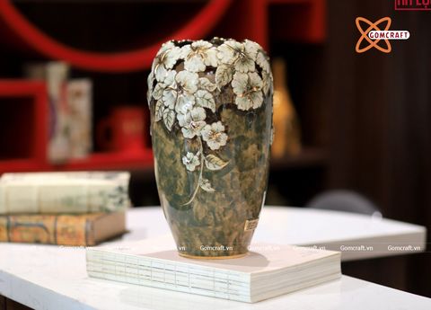  Bình Hoa Bát Tràng men sứ nâu vân đá hoạ tiết hoa anh thảo đắp nổi vẽ vàng 24k cao 20 cm 