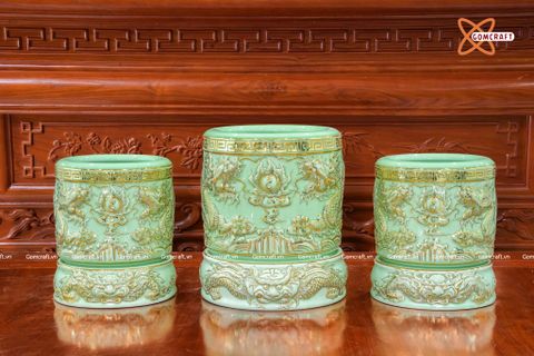 Bát hương Bát Tràng men xanh ngọc bích đắp nổi rồng vẽ vàng 24k đường kính 20 cm 