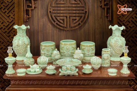  Bộ đồ thờ Bát Tràng cao cấp dâng gia tiên men ngọc vẽ vàng 24k 22 vật phẩm 