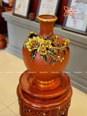  Bình Hoa Bát Tràng đắp nổi kênh bong vẽ vàng 24k cao 36 cm 