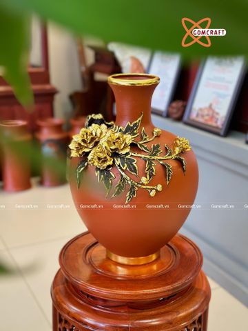  Bình Hoa Bát Tràng đắp nổi kênh bong vẽ vàng 24k cao 36 cm 