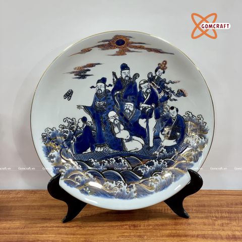  Đĩa cảnh phong thuỷ Bát Tiên men lam đường kính 27 cm | Quà Tặng Khai Trương Đĩa Cảnh Phong Thuỷ 