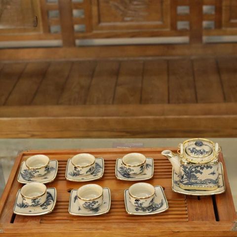  Ấm Chén Bát Tràng bọc Đồng men Rạn họa tiết Cây Đa 400ml | Quà Tặng Doanh Nghiệp bộ ấm chén uống trà 