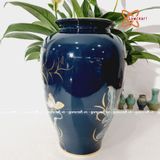 Bình Hoa nền xanh đen họa tiết Sen Đài vẽ vàng cao 28cm | Quà Tặng bình hoa Bát Tràng 