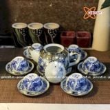  Ấm Chén Bát Tràng gốm Trắng men Lam Trúc Lâm Thất Hiền bọc Đồng dáng Thủy Bình 300ml | Quà Tặng Doanh Nghiệp bộ ấm chén uống trà 