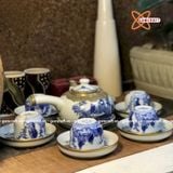  Ấm Chén Bát Tràng gốm Trắng men Lam Trúc Lâm Thất Hiền bọc Đồng Đường Vũ 320ml | Quà Tặng Doanh Nghiệp bộ ấm chén uống trà 
