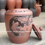  Quà tặng cao cấp Hũ gạo tài lộc chất liệu gốm mộc khắc Cá Chép Hoa Sen dung tích 30 lít 