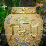  Quà tặng Bố Chum sành đắp nổi dát vàng Cá Chép Vượt Vũ Môn mặt Trống Đồng dung tích 100l 