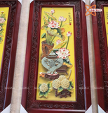 Tranh Gốm Tứ Quý Bát Tràng Cổ Đồ Phú Quý men màu đắp nổi kích thước 45 x 95 cm khung gỗ hương 