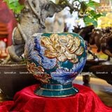  Bình Hoa men xanh lục bảo vẽ vàng dáng béo họa tiết Liên Hoa Cát Tường hàng vuốt tay | Quà Tặng bình hoa Bát Tràng 
