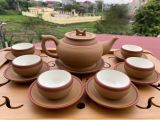  Ấm Chén Bát Tràng gốm Tử Sa dáng Trống Đai Vàng chỉ đỏ lòng trắng 300ml | Quà Tặng Doanh Nghiệp bộ ấm chén uống trà 