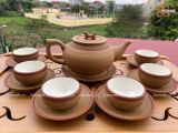  Ấm Chén Bát Tràng gốm Tử Sa dáng Trống Đai Vàng chỉ đỏ lòng trắng 300ml | Quà Tặng Doanh Nghiệp bộ ấm chén uống trà 
