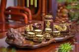  Quà Tặng Doanh Nghiệp | Ấm Chén Bát Tràng vuốt tay họa tiết Rồng đắp nổi men đỏ mận bọc đồng cao cấp 