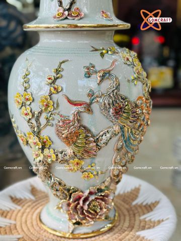  Choé Bát Tràng cao cấp Phú Quý Trường Xuân vuốt tay men màu đắp nổi kênh bong siêu kĩ vẽ vàng 24k cao 48 cm 