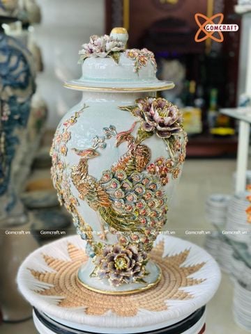  Choé Bát Tràng cao cấp Phú Quý Trường Xuân vuốt tay men màu đắp nổi kênh bong siêu kĩ vẽ vàng 24k cao 48 cm 