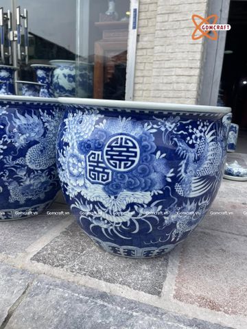  Thống sứ Bát Tràng Tứ Linh men lam vẽ kĩ đường kính 40 cm 