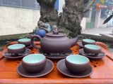  Ấm Chén Bát Tràng gốm Tử Sa dáng Trống Đai Gụ chỉ đỏ lòng xanh 300ml | Quà Tặng Doanh Nghiệp bộ ấm chén uống trà 