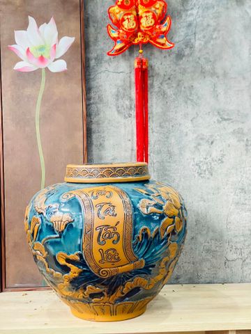  Quà tặng Bố Chum sành khắc nổi Tấn Tài Tấn Lộc men hoàng thổ hàng cao cấp dung tích 20 lít 