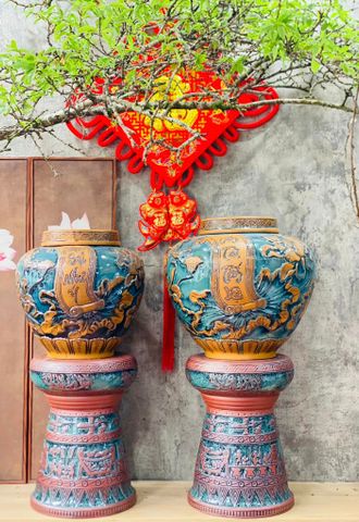  Quà tặng Bố Chum sành khắc nổi Tấn Tài Tấn Lộc men hoàng thổ hàng cao cấp dung tích 20 lít 