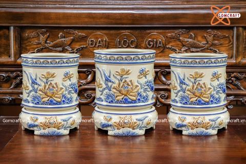  Bát hương Bát Tràng Hoa Sen men tro nhạt đắp nổi đường kính 26 cm 