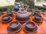  Ấm Chén Bát Tràng gốm Tử Sa dáng Trống Đai Gụ chỉ đỏ lòng mộc 300ml | Quà Tặng Doanh Nghiệp bộ ấm chén uống trà 