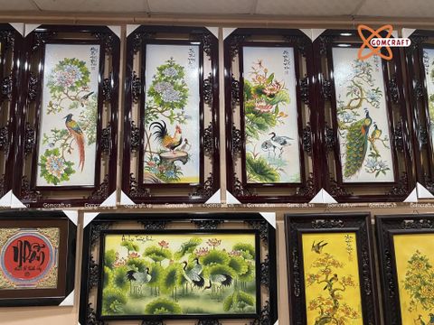  Tranh Gốm Tứ Quý Bát Tràng men màu vẽ tứ cảnh kích thước 45 x 95 cm khung gỗ thông 