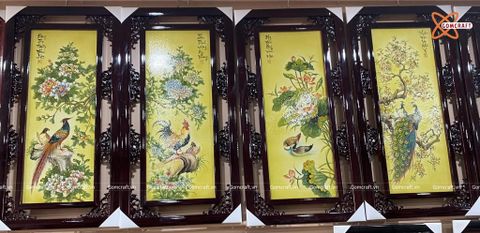  Tranh Gốm Tứ Quý Bát Tràng men màu vẽ tứ cảnh kích thước 45 x 95 cm khung gỗ gụ 