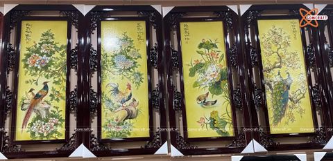  Tranh Gốm Tứ Quý Bát Tràng men màu vẽ tứ cảnh kích thước 45 x 95 cm khung gỗ gụ 