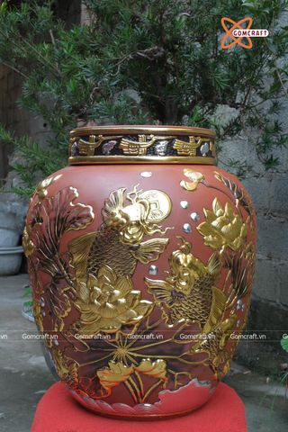  Quà tặng Bố Chum sành đắp nổi dát vàng Cá Chép Vượt Vũ Môn mặt Trống Đồng dung tích 50l 