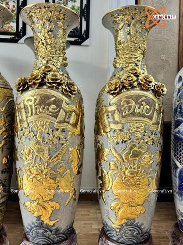 Lục bình Bát Tràng cao cấp Phúc Đức đắp nổi kênh bong dát vàng cao 1m4 