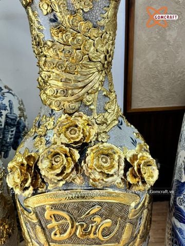  Lục bình Bát Tràng cao cấp Phúc Đức đắp nổi kênh bong dát vàng cao 1m4 