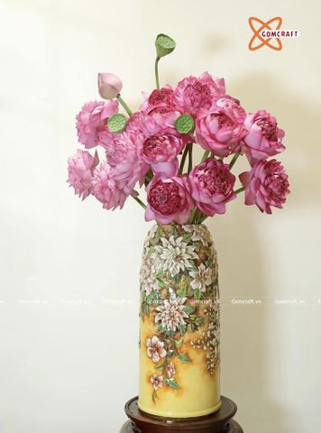  Bình Hoa Bát Tràng đắp nổi vẽ vàng 24k cao 28 cm 