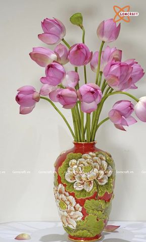  Bình Hoa Bát Tràng men sứ đỏ đắp nổi vẽ vàng 24k cao 36 cm 