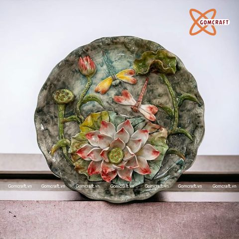  Đĩa cảnh phong thuỷ Hoa Sen đắp nổi đường kính 30 cm | Quà Tặng Khai Trương Đĩa Cảnh Phong Thuỷ 
