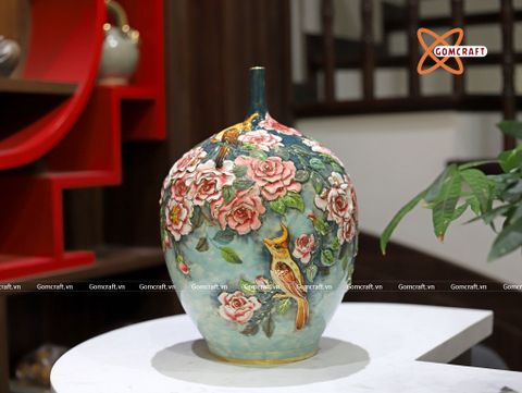  Bình Hoa Bát Tràng hoạ tiết hoa phù dung đắp nổi vẽ vàng 24k cao 30 cm 
