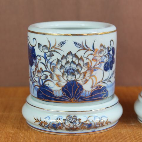  Bát hương Bát Tràng Hoa Sen men sứ trắng vẽ vàng đường kính 22 cm 