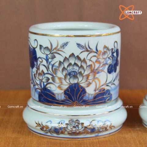  Bát hương Bát Tràng Hoa Sen men sứ trắng vẽ vàng đường kính 22 cm 