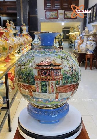  Bình Hút Lộc Bát Tràng Chùa Một Cột men loang xanh đắp nổi vẽ vàng cao 35 cm | Quà Tặng Khai Trương bình hút lộc Bát Tràng 