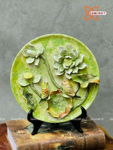  Đĩa cảnh phong thuỷ Sen Hạ đắp nổi đường kính 30 cm | Quà Tặng Khai Trương Đĩa Cảnh Phong Thuỷ 
