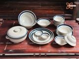  Quà Tặng Doanh Nghiệp bát sứ | Bát Sứ Bát Tràng Bộ Đồ Ăn men kem viền xanh 14 vật phẩm 