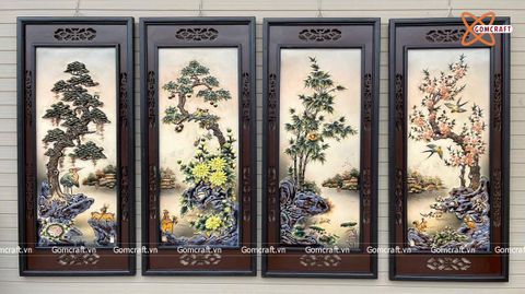  Tranh Gốm Tứ Quý Bát Tràng men màu đắp nổi kênh bong tứ cảnh kích thước 45 x 95 cm khung gỗ thông hàng kĩ 