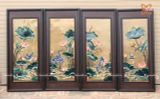  Tranh Gốm Tứ Quý Bát Tràng Sen Hạc Phú Quý Trường Thọ đắp nổi men màu kích thước 45 x 95 cm khung gỗ thông 