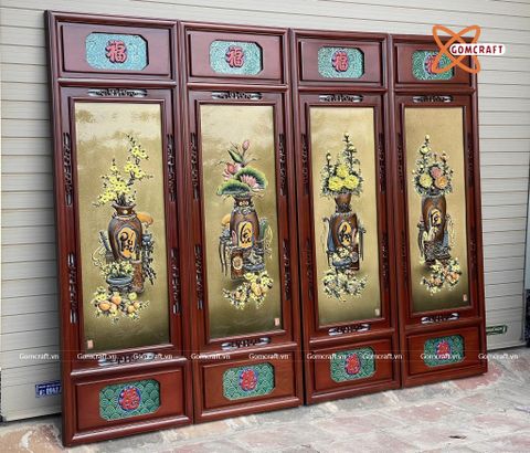  Tranh Gốm Tứ Quý Bát Tràng Cổ Đồ Phú quý men màu đắp nổi kích thước 50 x 130 cm khung gỗ hương 