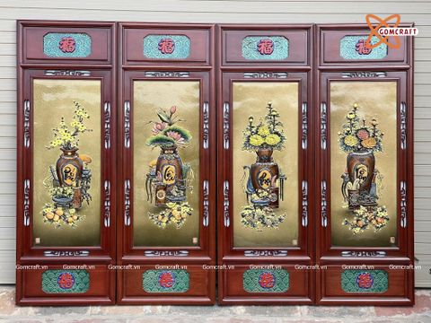  Tranh Gốm Tứ Quý Bát Tràng Cổ Đồ Phú quý men màu đắp nổi kích thước 50 x 130 cm khung gỗ hương 
