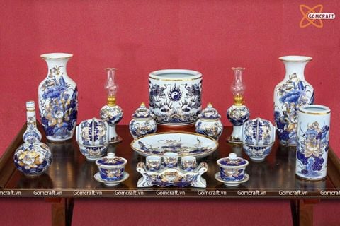  Bộ đồ thờ Bát Tràng cao cấp dâng gia tiên men sứ khử vẽ vàng 24k 21 vật phẩm 