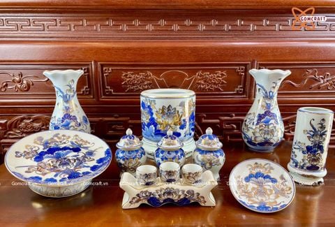  Bộ đồ thờ Bát Tràng cao cấp dâng gia tiên men sứ khử vẽ vàng 24k 21 vật phẩm 