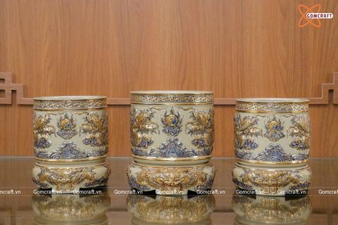  Bộ đồ thờ Bát Tràng cao cấp dâng gia tiên men hoàng tộc đắp nổi vẽ vàng 24k 19 vật phẩm 